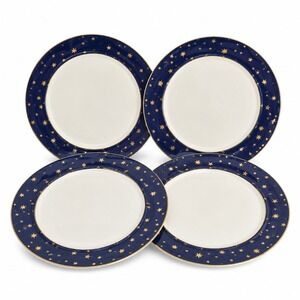 Sakura Galaxy Blue Dinner Plates Set of 4 14K Gold Stars Fine Porcelain